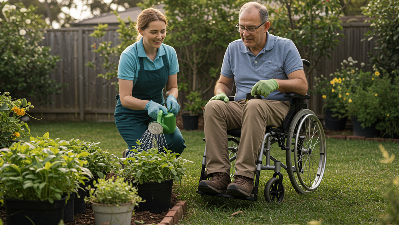 Support worker assisting an elderly woman with personal activities in a home setting