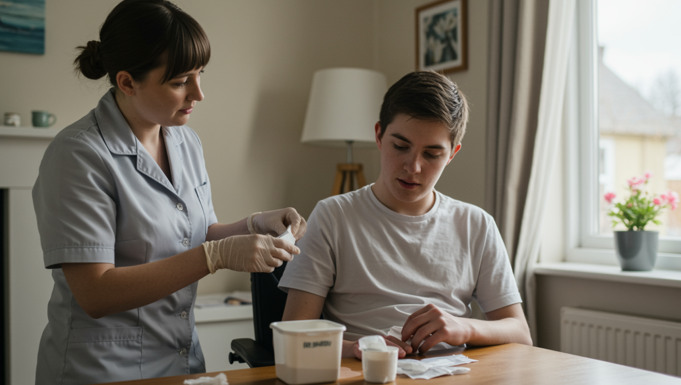 Nurse providing complex wound care to a young male participant in a home setting