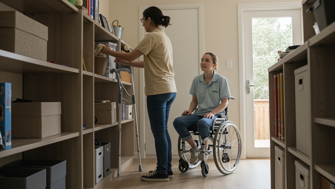 Support worker assisting a participant in a wheelchair with household organising tasks