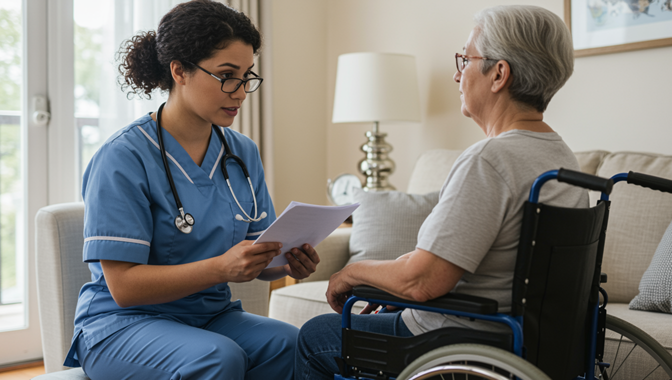 Nurse discussing urinary catheter care with an older participant in a wheelchair