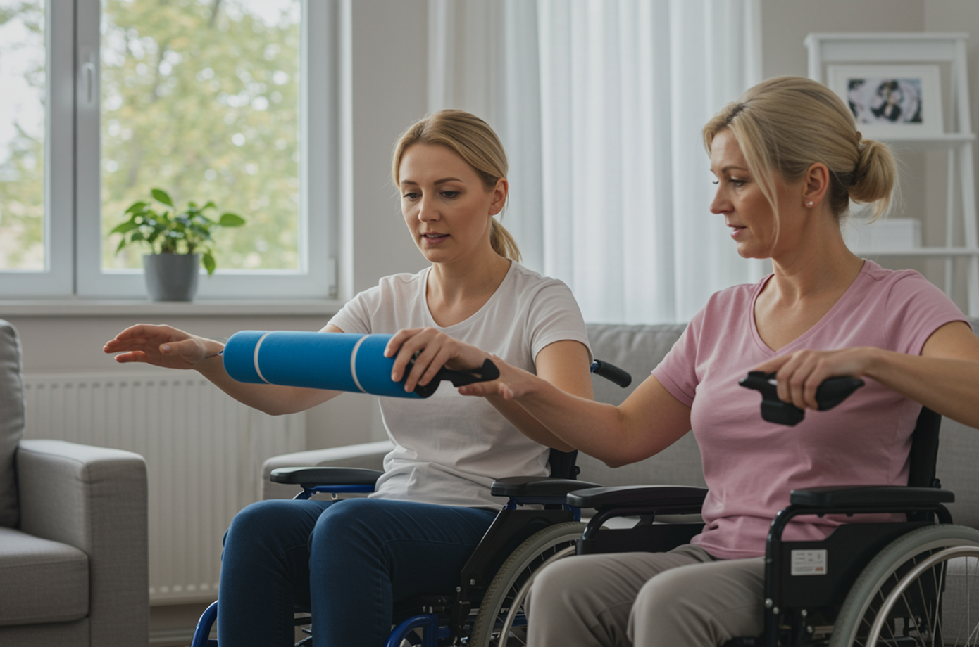 Support worker assisting a participant in a wheelchair with early childhood therapy exercises