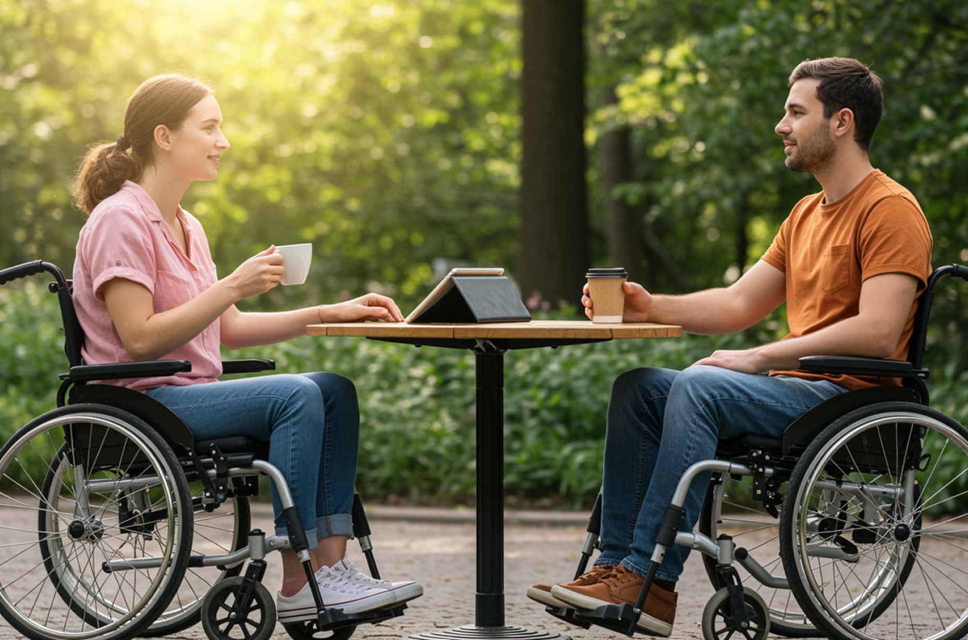 Two young adults in wheelchairs talking and sharing coffee in an outdoor park